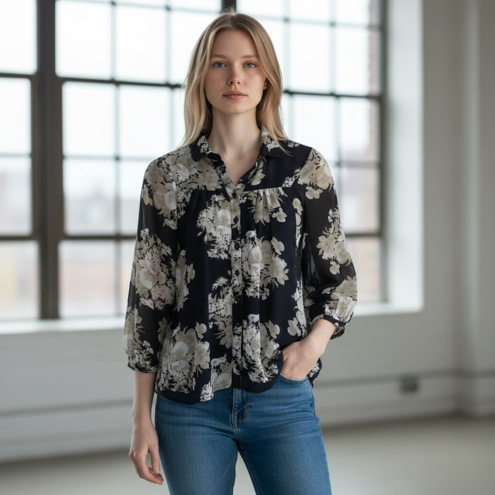 Philosophy floral navy tan white sheer blouse 3/4 sleeve small